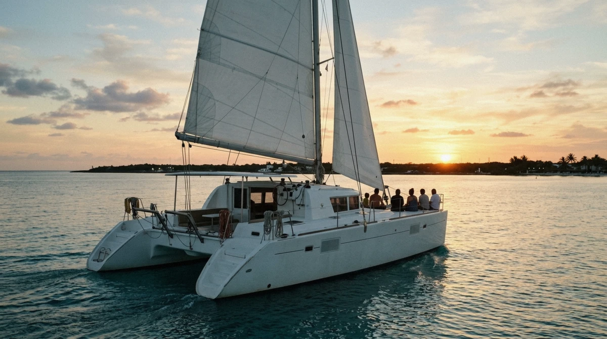 A catamaran sailing into a calm Cozumel sunset, the settled evening water that often follows a morning weather cancellation on a Cozumel boat tour