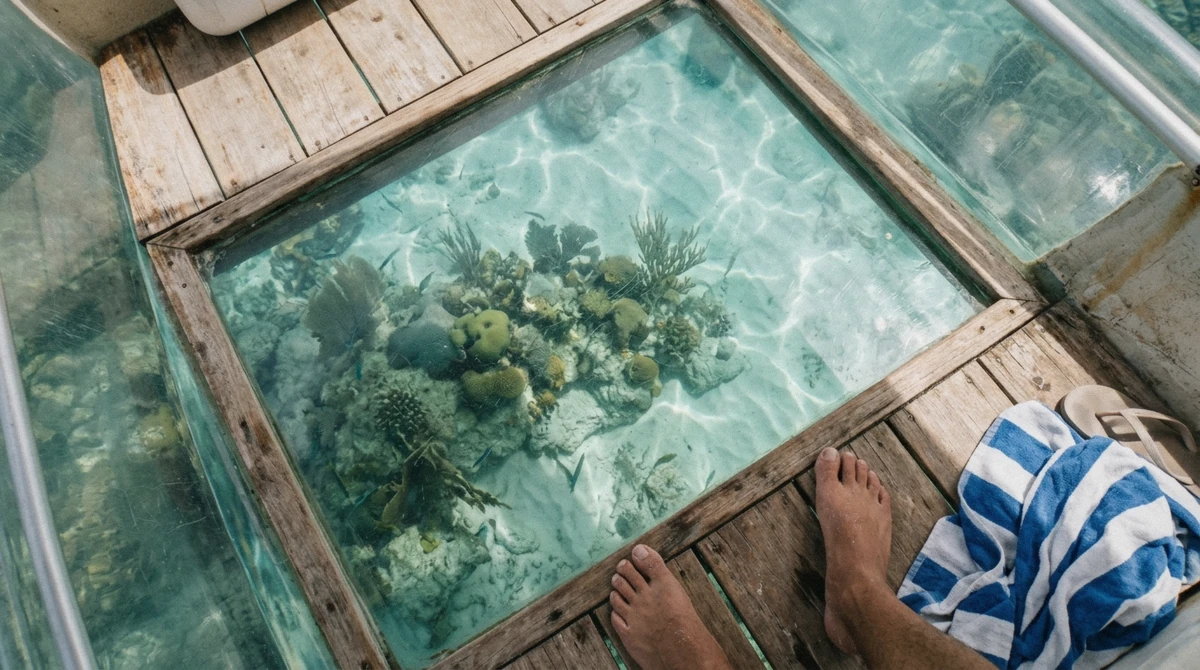 Looking down through the transparent floor of a clear boat at the sandy seabed on a Cozumel clear boat tour
