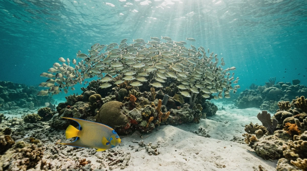 A queen angelfish and a school of grunts over shallow coral at Paraíso reef, best seen during the clear-water season for a Cozumel boat tour