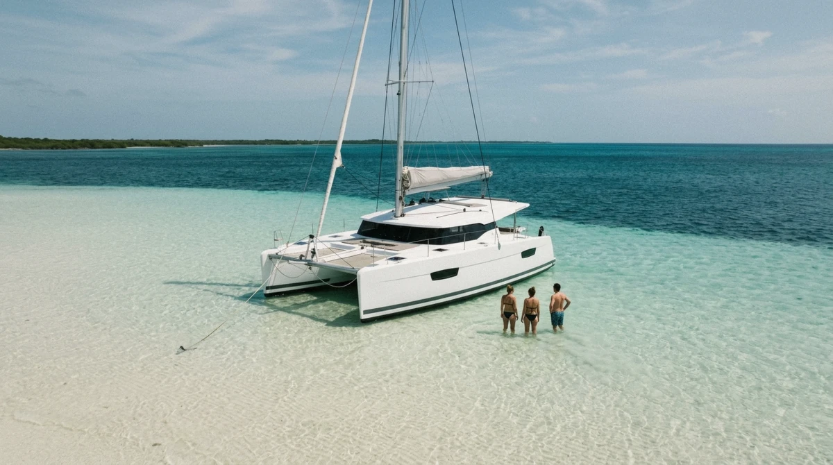Catamaran anchored over the shallow turquoise sandbar at El Cielo on a full-day Cozumel boat tour