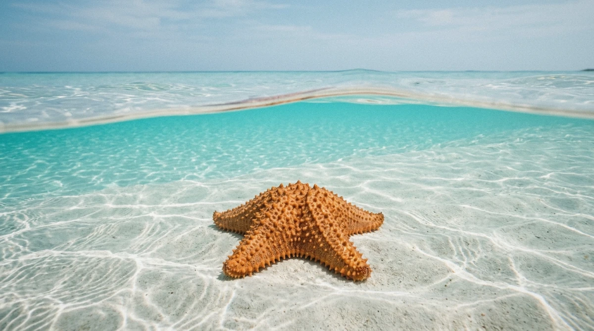 Cushion starfish on the white sand of the El Cielo sandbar, the shallow stop on Cozumel boat tours by catamaran